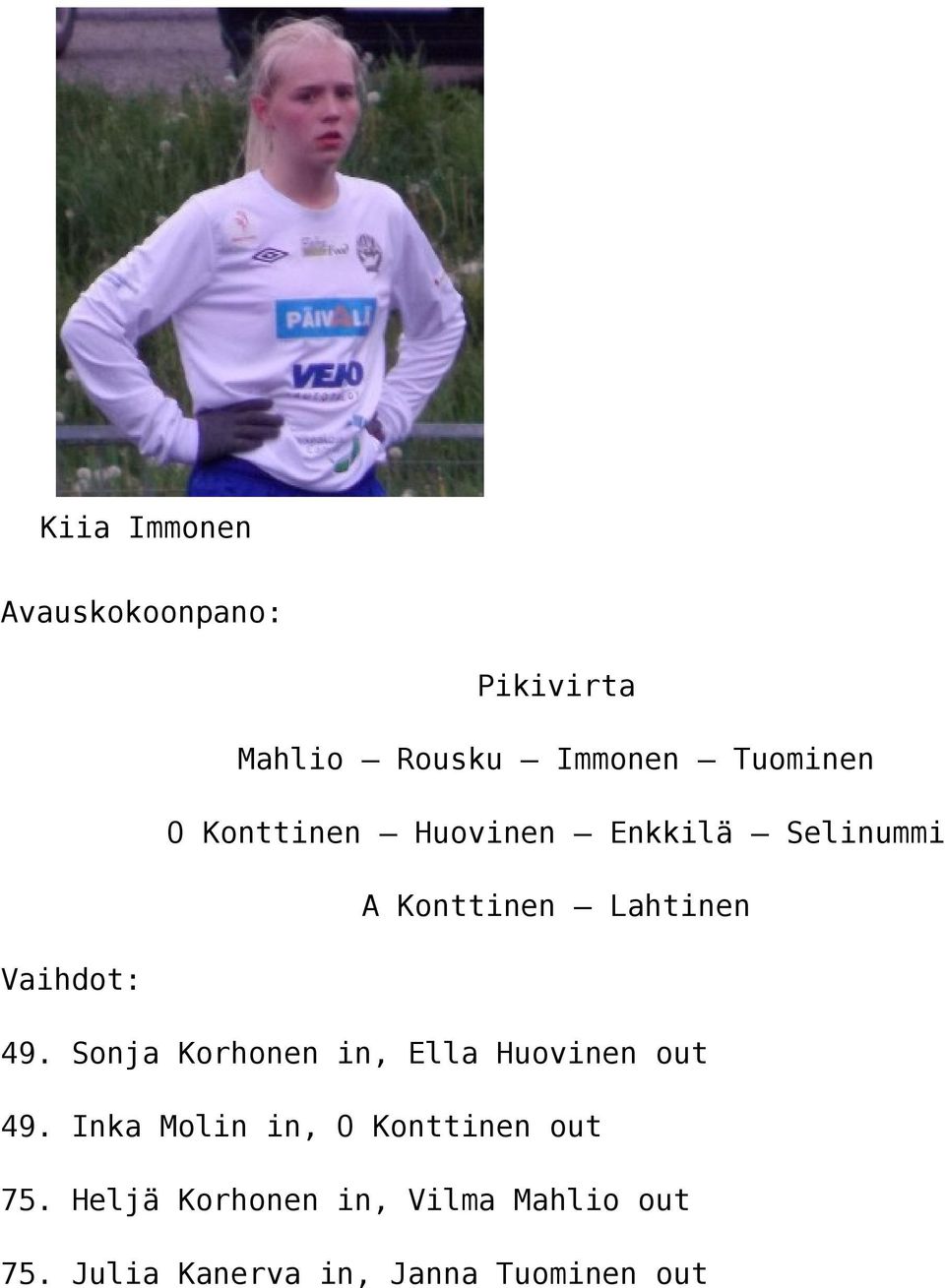 Sonja Korhonen in, Ella Huovinen out 49.