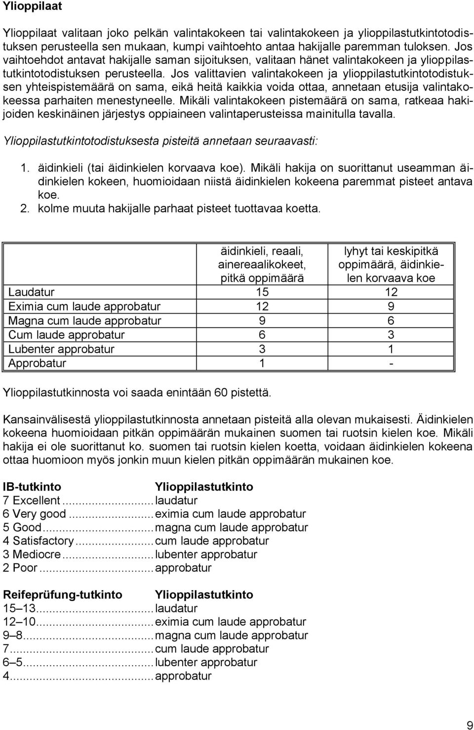 Jos valittavien valintakokeen ja ylioppilastutkintotodistuksen yhteispistemäärä on sama, eikä heitä kaikkia voida ottaa, annetaan etusija valintakokeessa parhaiten menestyneelle.