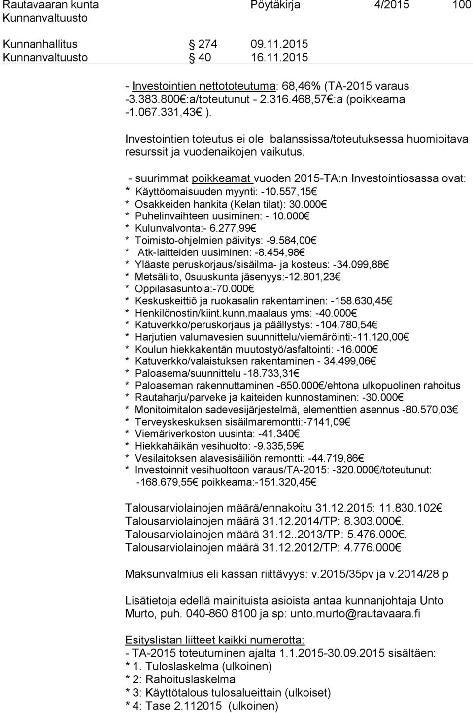 - suurimmat poikkeamat vuoden 2015-TA:n Investointiosassa ovat: * Käyttöomaisuuden myynti: -10.557,15 * Osakkeiden hankita (Kelan tilat): 30.000 * Puhelinvaihteen uusiminen: - 10.