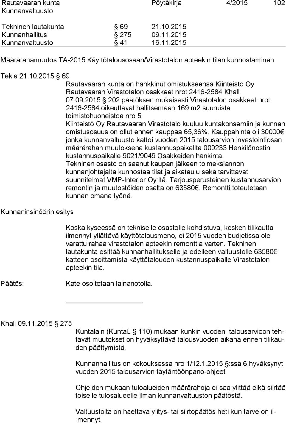 2015 202 päätöksen mukaisesti Virastotalon osakkeet nrot 2416-2584 oikeuttavat hallitsemaan 169 m2 suuruista toimistohuoneistoa nro 5.