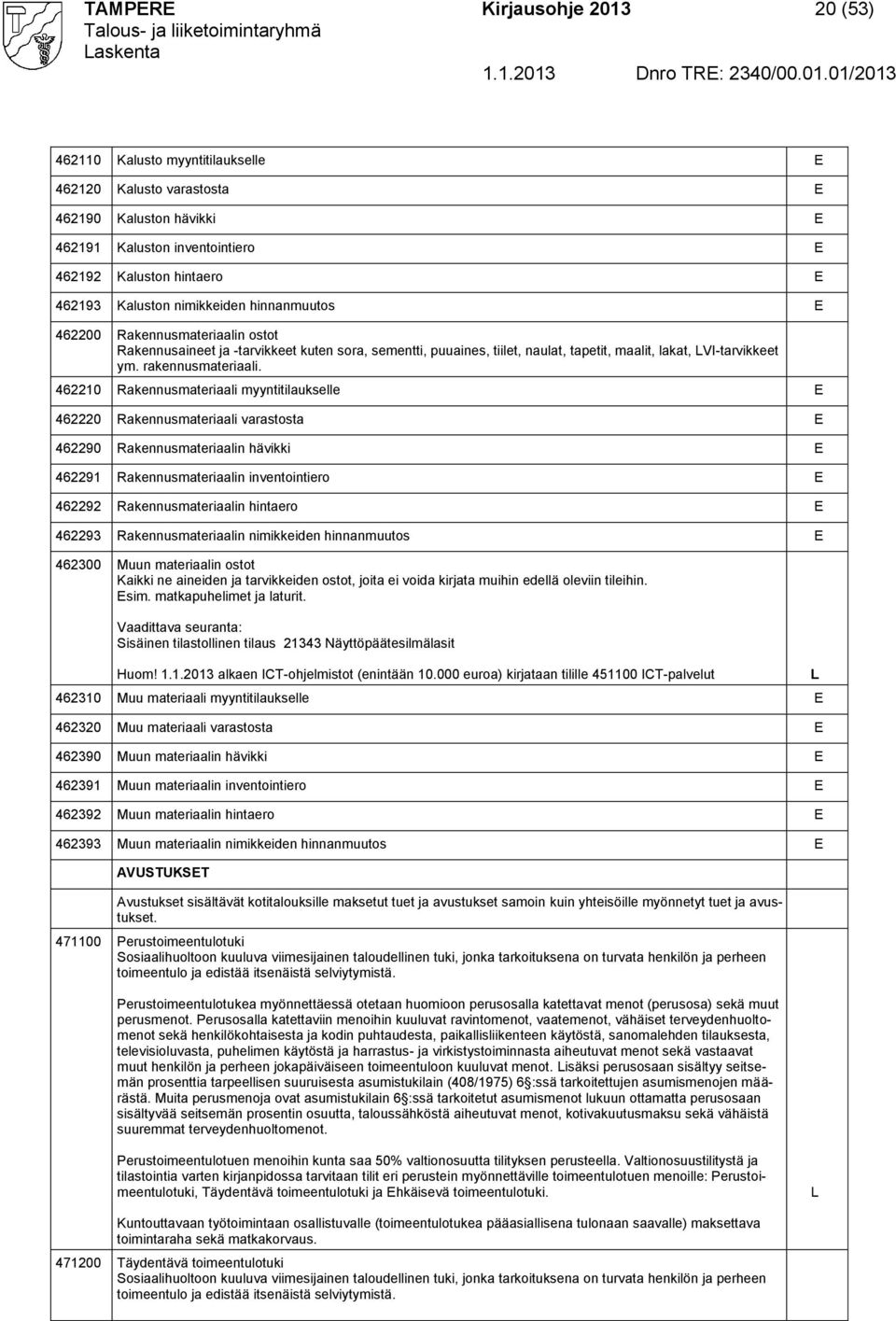 462210 Rakennusmateriaali myyntitilaukselle 462220 Rakennusmateriaali varastosta 462290 Rakennusmateriaalin hävikki 462291 Rakennusmateriaalin inventointiero 462292 Rakennusmateriaalin hintaero