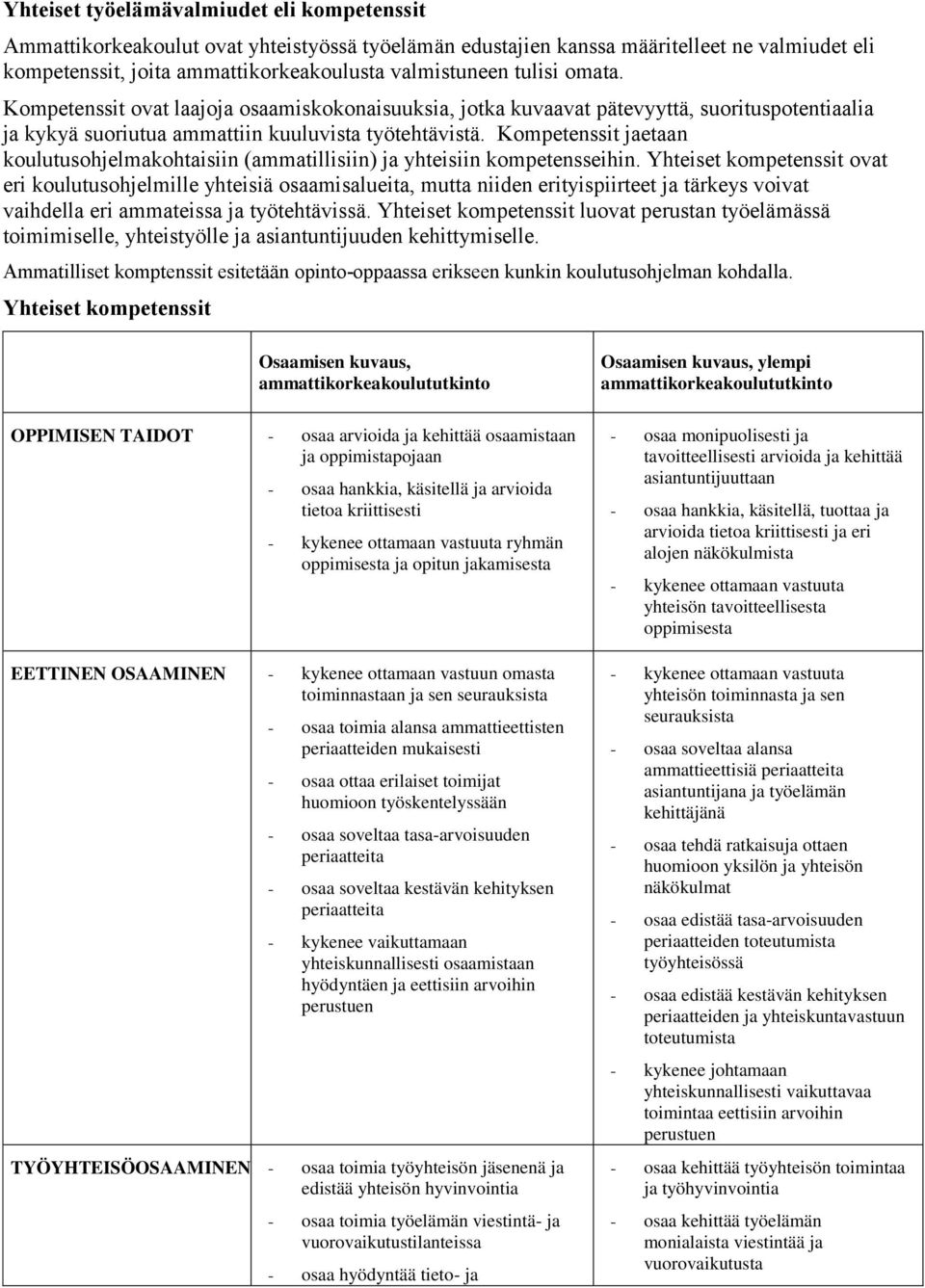 Kompetenssit jaetaan koulutusohjelmakohtaisiin (ammatillisiin) ja yhteisiin kompetensseihin.