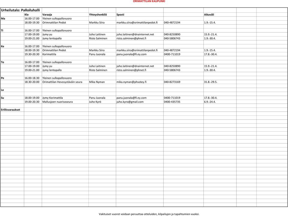 fi 040-5806743 1.9.-30.4. 16.00-17.00 Yleinen sulkapallovuoro 18.00-19.30 Orimnattilan dot Markku Siira markku.siira@orimattilanpedot.fi 040-4872194 1.9.-15.4. 19.30-20.
