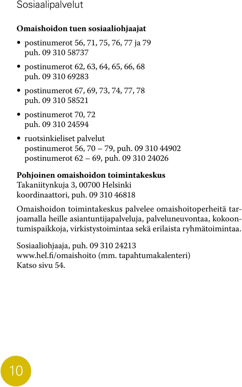 09 310 44902 postinumerot 62 69, puh. 09 310 24026 Pohjoinen omaishoidon toimintakeskus Takaniitynkuja 3, 00700 Helsinki koordinaattori, puh.