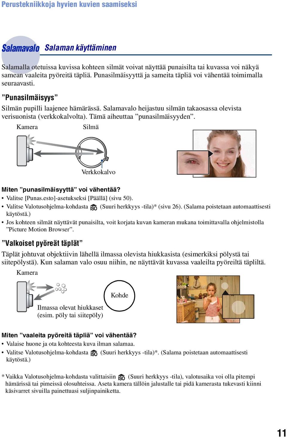 Tämä aiheuttaa punasilmäisyyden. Kamera Silmä Verkkokalvo Miten punasilmäisyyttä voi vähentää? Valitse [Punas.esto]-asetukseksi [Päällä] (sivu 50).