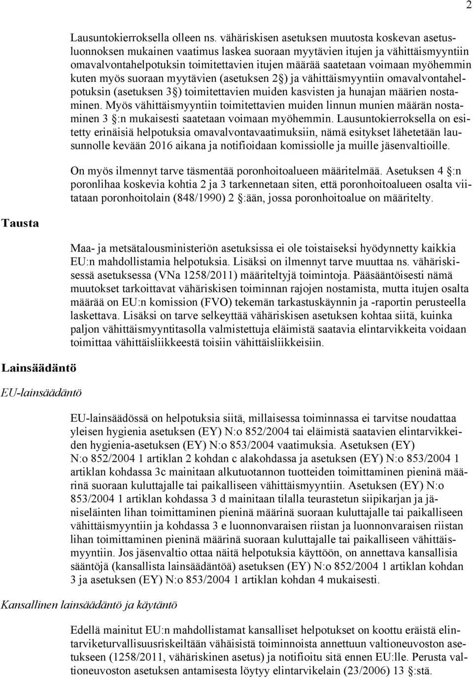 myöhemmin kuten myös suoraan myytävien (asetuksen 2 ) ja vähittäismyyntiin omavalvontahelpotuksin (asetuksen 3 ) toimitettavien muiden kasvisten ja hunajan määrien nostaminen.