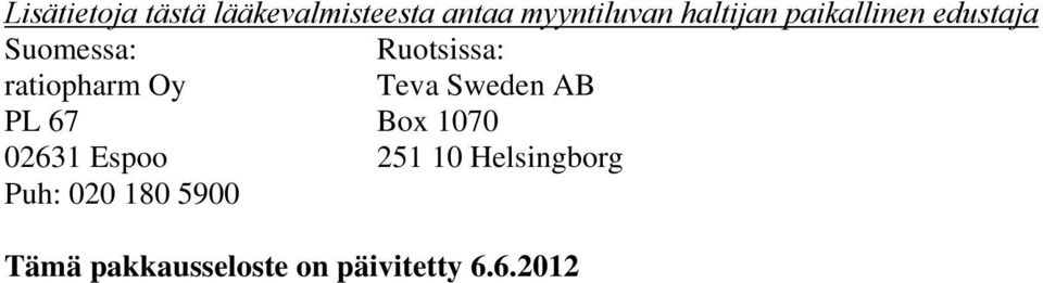 ratiopharm Oy Teva Sweden AB PL 67 Box 1070 02631 Espoo 251