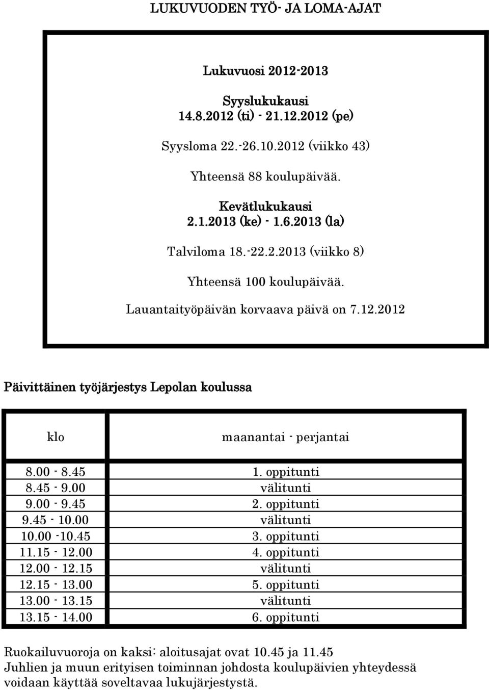 00 välitunti 9.00-9.45 2. oppitunti 9.45-10.00 välitunti 10.00-10.45 3. oppitunti 11.15-12.00 4. oppitunti 12.00-12.15 välitunti 12.15-13.00 5. oppitunti 13.00-13.15 välitunti 13.15-14.00 6.