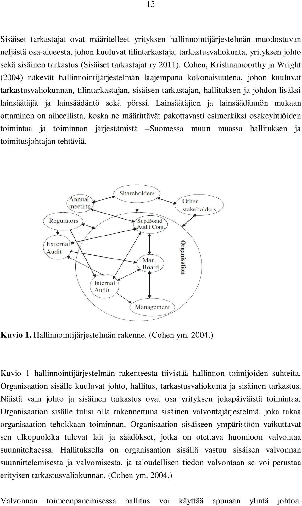 Cohen, Krishnamoorthy ja Wright (2004) näkevät hallinnointijärjestelmän laajempana kokonaisuutena, johon kuuluvat tarkastusvaliokunnan, tilintarkastajan, sisäisen tarkastajan, hallituksen ja johdon