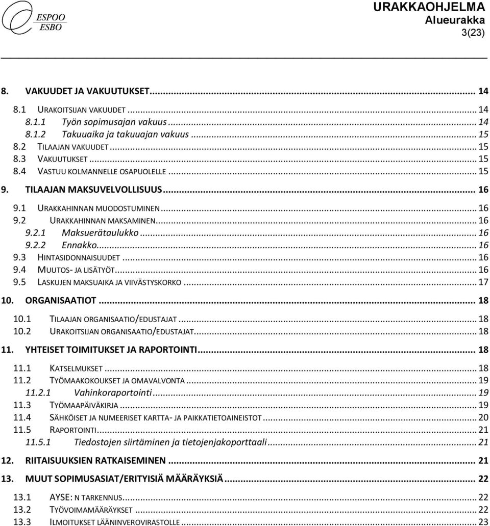 .. 16 9.5 LASKUJEN MAKSUAIKA JA VIIVÄSTYSKORKO... 17 10. ORGANISAATIOT... 18 10.1 TILAAJAN ORGANISAATIO/EDUSTAJAT... 18 10.2 URAKOITSIJAN ORGANISAATIO/EDUSTAJAT... 18 11.