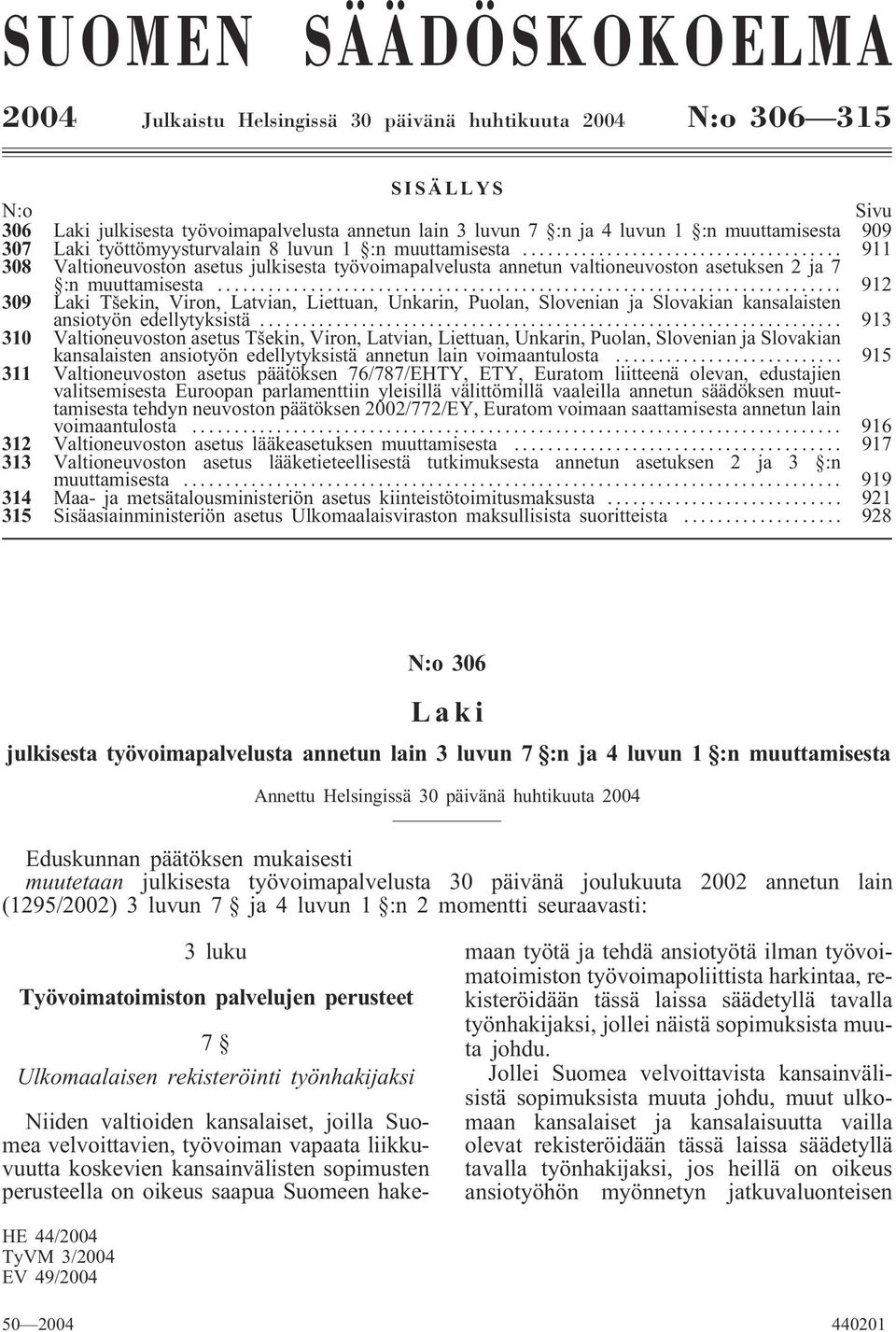 .. 912 309 Laki Tšekin, Viron, Latvian, Liettuan, Unkarin, Puolan, Slovenian ja Slovakian kansalaisten ansiotyön edellytyksistä.