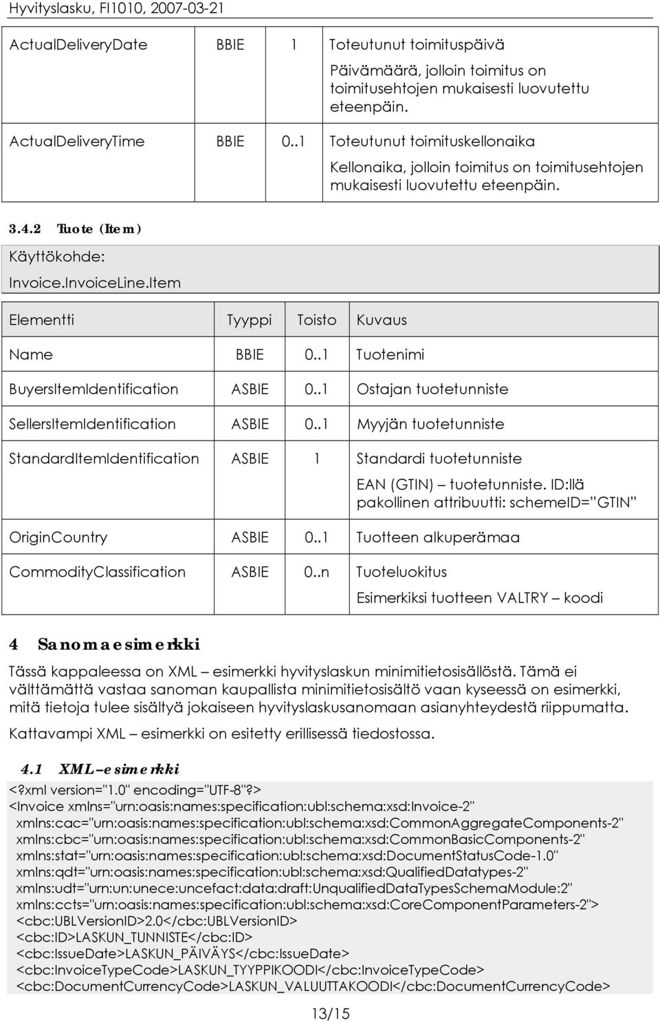 Item Elementti Tyyppi Toisto Kuvaus Name BBIE 0..1 Tuotenimi BuyersItemIdentification ASBIE 0..1 Ostajan tuotetunniste SellersItemIdentification ASBIE 0.