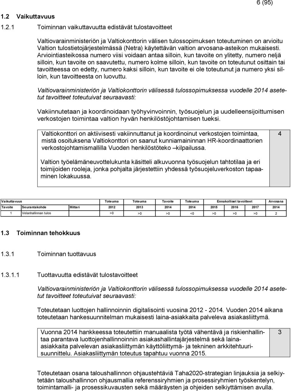 1 Toiminnan vaikuttavuutta edistävät tulostavoitteet Valtiovarainministeriön ja Valtiokonttorin välisen tulossopimuksen toteutuminen on arvioitu Valtion tulostietojärjestelmässä (Netra) käytettävän
