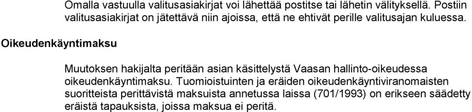 Muutoksen hakijalta peritään asian käsittelystä Vaasan hallinto-oikeudessa oikeudenkäyntimaksu.