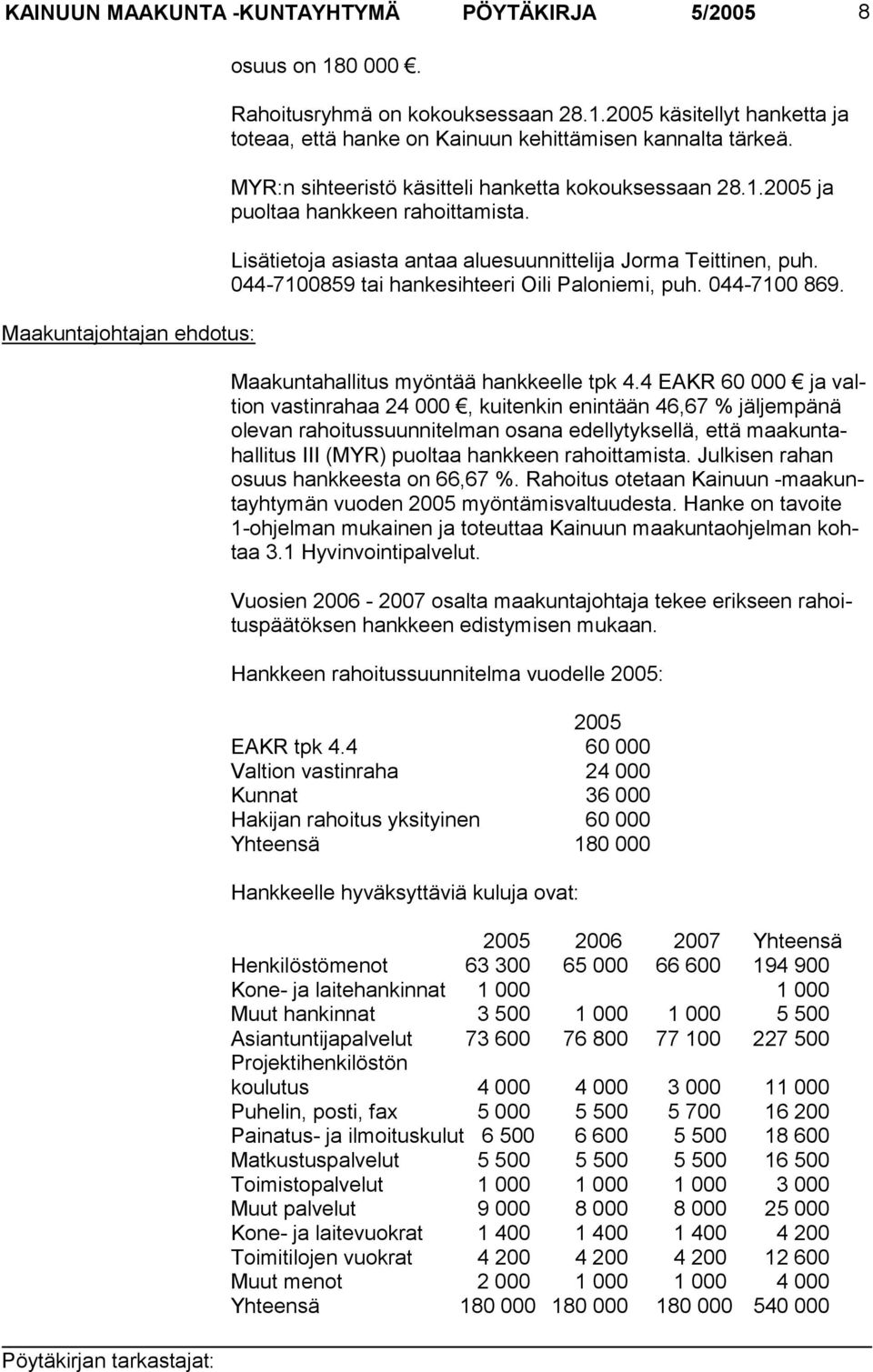 044-7100859 tai hankesihteeri Oili Paloniemi, puh. 044-7100 869. Maakuntahallitus myöntää hankkeelle tpk 4.
