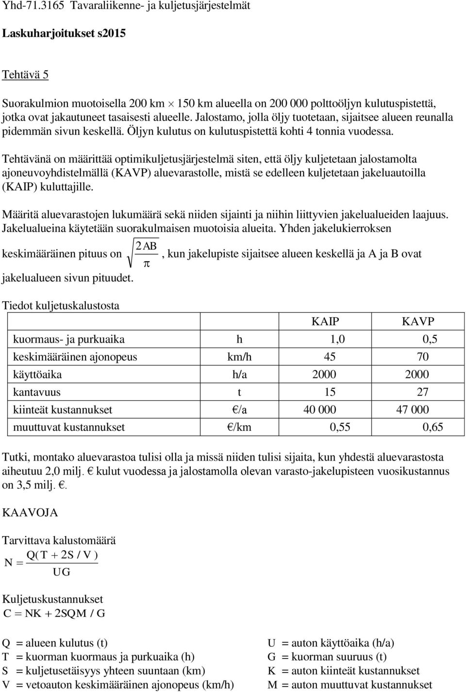 Tehtävänä on määrittää optimikuljetusjärjestelmä siten, että öljy kuljetetaan jalostamolta ajoneuvoyhdistelmällä (KAVP) aluevarastolle, mistä se edelleen kuljetetaan jakeluautoilla (KAIP)