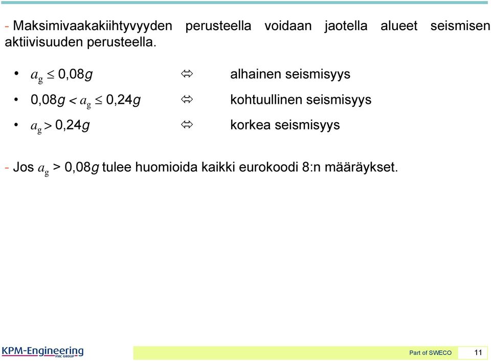 a g 0,08g alhainen seismisyys 0,08g < a g 0,24g kohtuullinen