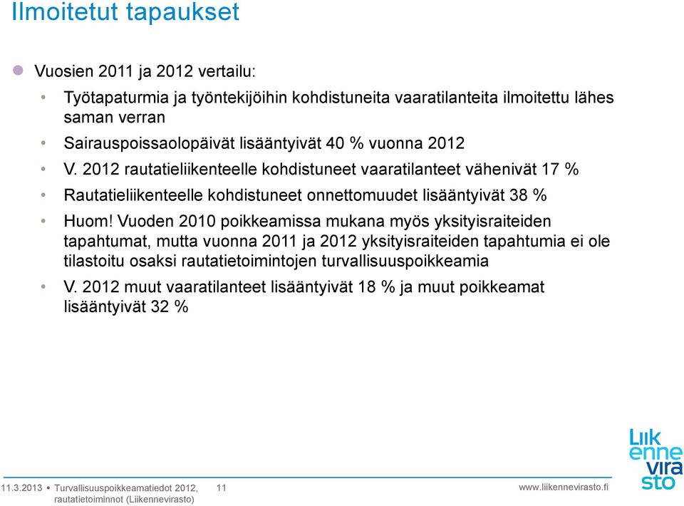 2012 rautatieliikenteelle kohdistuneet vaaratilanteet vähenivät 17 % Rautatieliikenteelle kohdistuneet onnettomuudet lisääntyivät 38 % Huom!