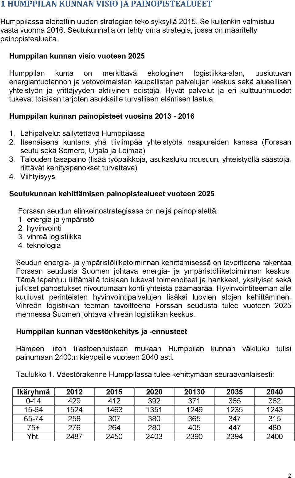 Humppilan kunnan visio vuoteen 2025 Humppilan kunta on merkittävä ekologinen logistiikka-alan, uusiutuvan energiantuotannon ja vetovoimaisten kaupallisten palvelujen keskus sekä alueellisen