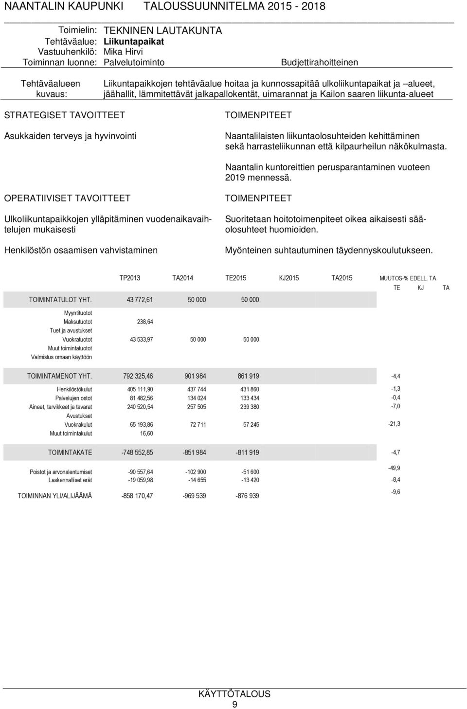 Naantalilaisten liikuntaolosuhteiden kehittäminen sekä harrasteliikunnan että kilpaurheilun näkökulmasta. Naantalin kuntoreittien perusparantaminen vuoteen 2019 mennessä.