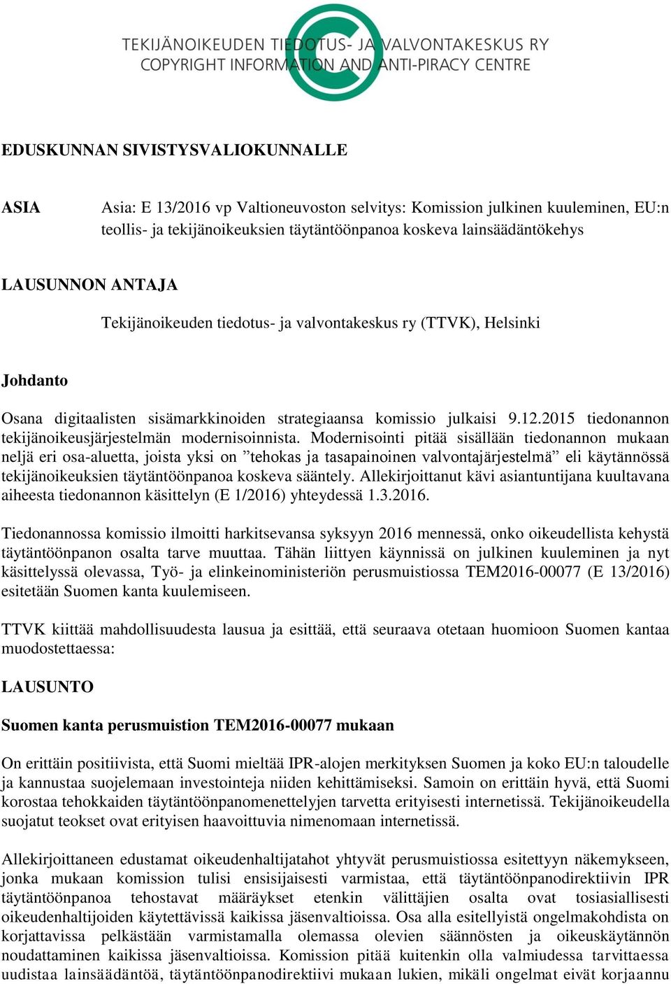 2015 tiedonannon tekijänoikeusjärjestelmän modernisoinnista.