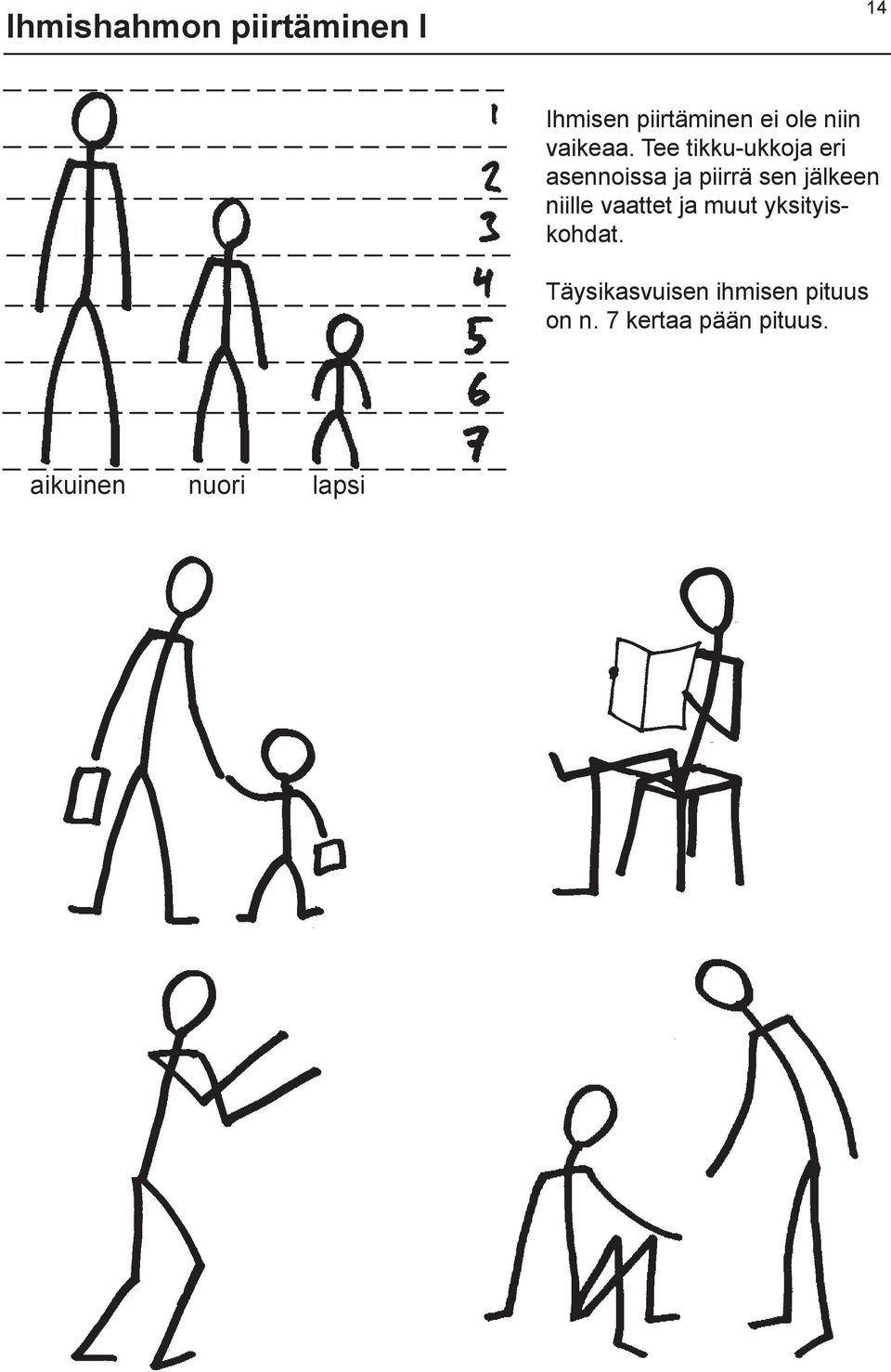 Tee tikku-ukkoja eri asennoissa ja piirrä sen jälkeen niille
