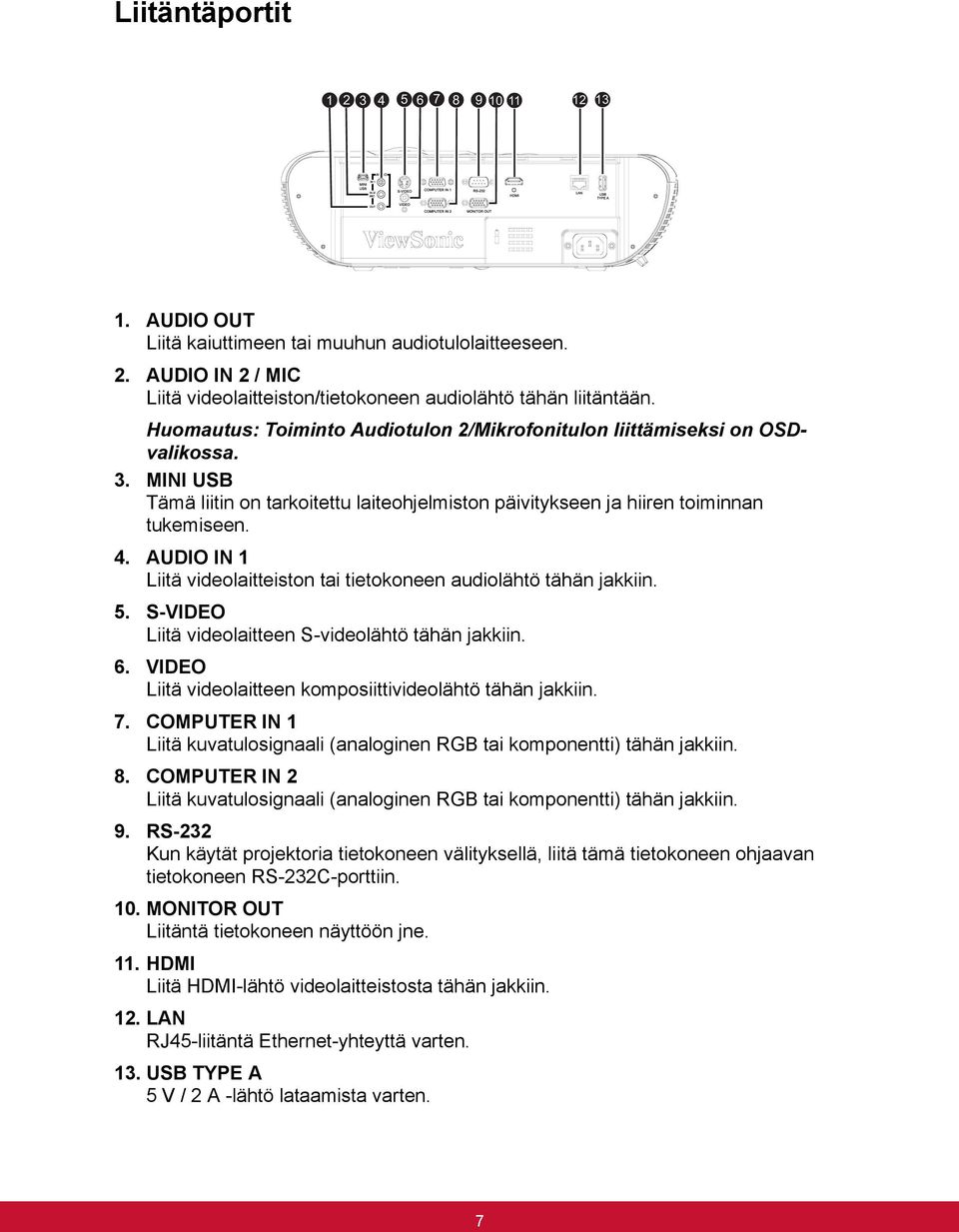 AUDIO IN 1 Liitä videolaitteiston tai tietokoneen audiolähtö tähän jakkiin. 5. S-VIDEO Liitä videolaitteen S-videolähtö tähän jakkiin. 6. VIDEO Liitä videolaitteen komposiittivideolähtö tähän jakkiin.