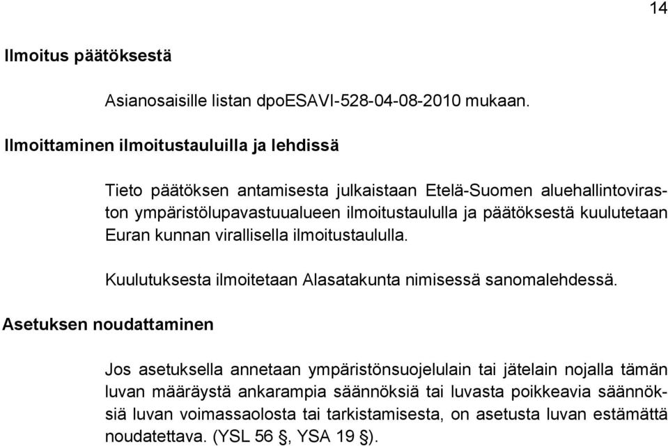 ja päätöksestä kuulutetaan Euran kunnan virallisella ilmoitustaululla. Kuulutuksesta ilmoitetaan Alasatakunta nimisessä sanomalehdessä.