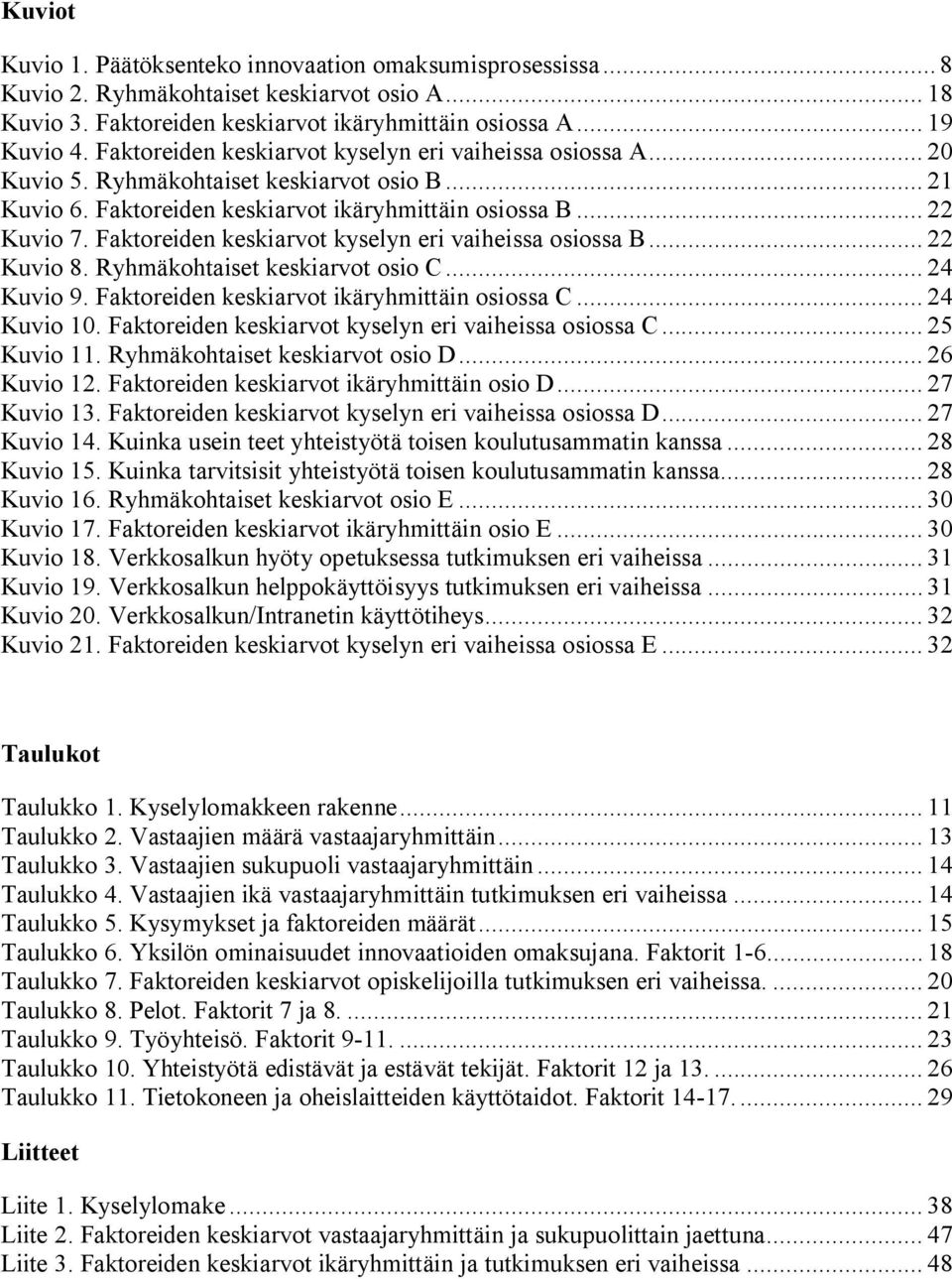 Faktoreiden keskiarvot kyselyn eri vaiheissa osiossa B... 22 Kuvio 8. Ryhmäkohtaiset keskiarvot osio C... 24 Kuvio 9. Faktoreiden keskiarvot ikäryhmittäin osiossa C... 24 Kuvio 10.