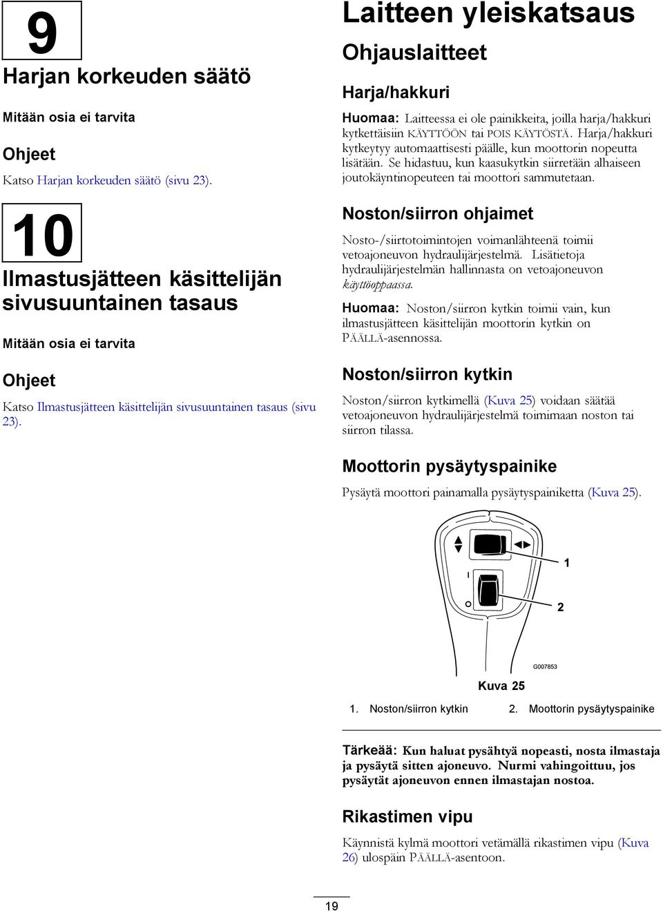 Laitteen yleiskatsaus Ohjauslaitteet Harja/hakkuri Huomaa: Laitteessa ei ole painikkeita, joilla harja/hakkuri kytkettäisiin KÄYTTÖÖN tai POIS KÄYTÖSTÄ.