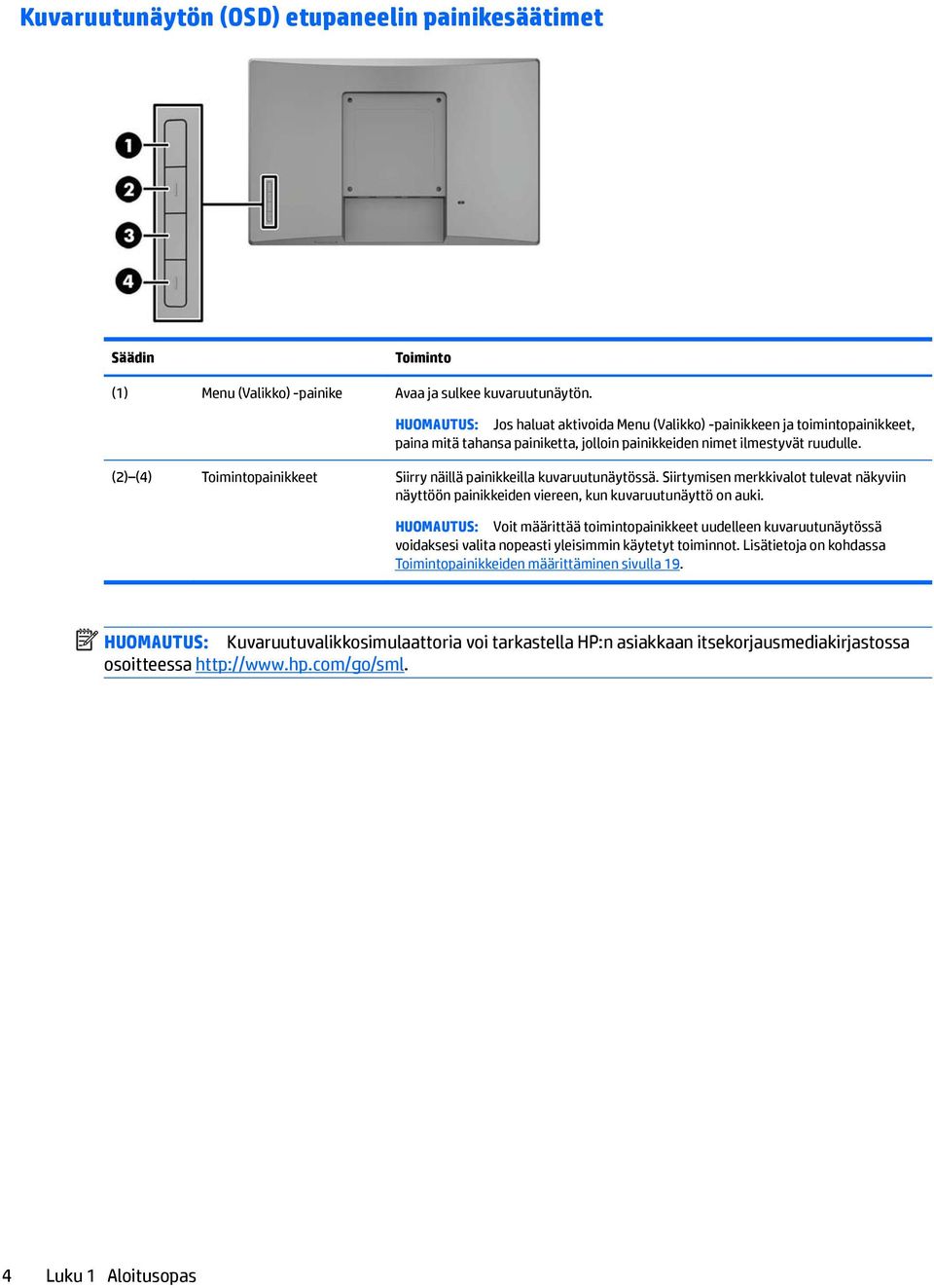 (2) (4) Toimintopainikkeet Siirry näillä painikkeilla kuvaruutunäytössä. Siirtymisen merkkivalot tulevat näkyviin näyttöön painikkeiden viereen, kun kuvaruutunäyttö on auki.