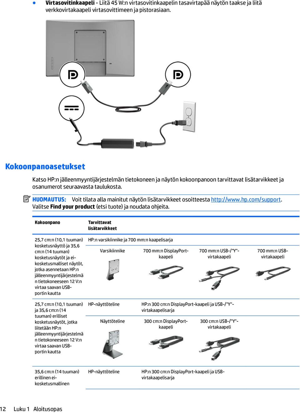 HUOMAUTUS: Voit tilata alla mainitut näytön lisätarvikkeet osoitteesta http://www.hp.com/support. Valitse Find your product (etsi tuote) ja noudata ohjeita.