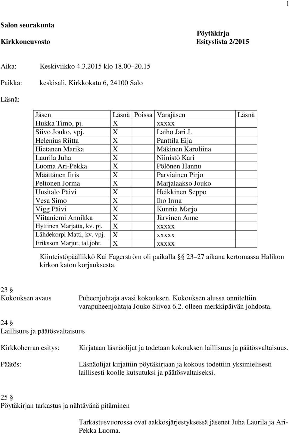 Helenius Riitta X Panttila Eija Hietanen Marika X Mäkinen Karoliina Laurila Juha X Niinistö Kari Luoma Ari-Pekka X Pölönen Hannu Määttänen Iiris X Parviainen Pirjo Peltonen Jorma X Marjalaakso Jouko