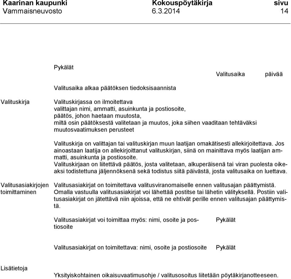 allekirjoitettava. Jos ainoastaan laatija on allekirjoittanut valituskirjan, siinä on mainittava myös laatijan ammatti, asuinkunta ja postiosoite.