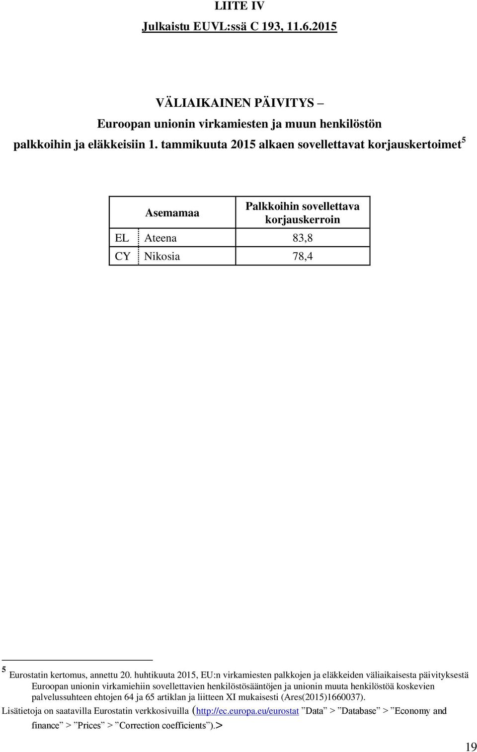 huhtikuuta 2015, EU:n virkamiesten palkkojen ja eläkkeiden väliaikaisesta päivityksestä Euroopan unionin virkamiehiin sovellettavien henkilöstösääntöjen ja unionin muuta henkilöstöä