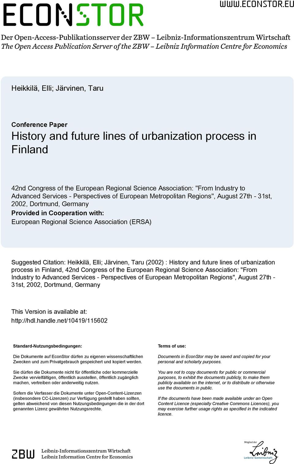 eu Der Open-Access-Publikationsserver der ZBW Leibniz-Informationszentrum Wirtschaft The Open Access Publication Server of the ZBW Leibniz Information Centre for Economics Heikkilä, Elli; Järvinen,