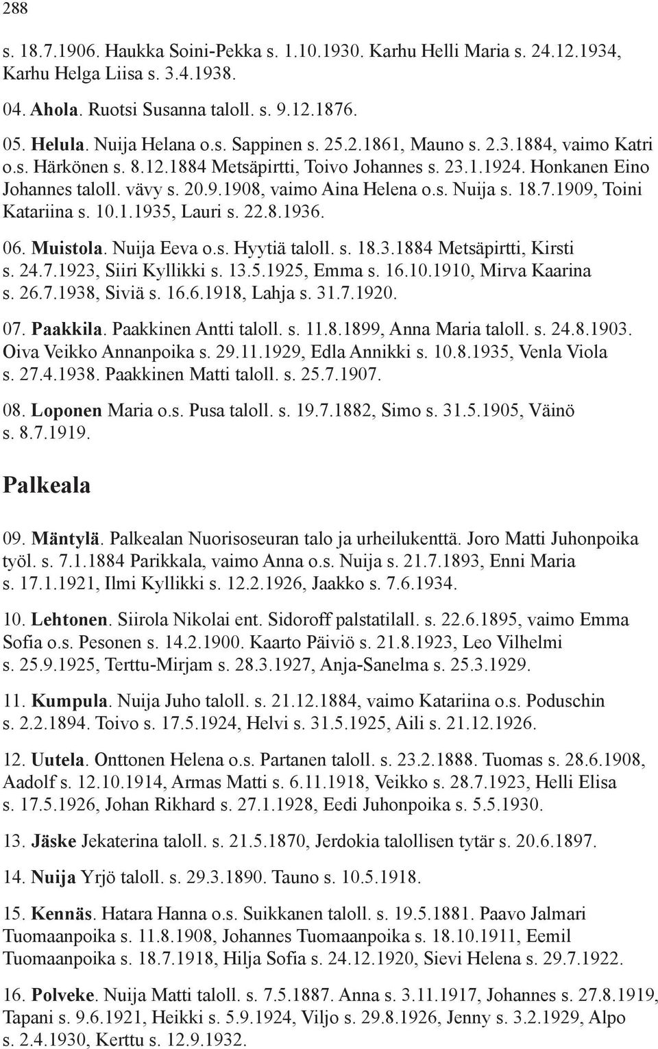 1909, Toini Katariina s. 10.1.1935, Lauri s. 22.8.1936. 06. Muistola. Nuija Eeva o.s. Hyytiä taloll. s. 18.3.1884 Metsäpirtti, Kirsti s. 24.7.1923, Siiri Kyllikki s. 13.5.1925, Emma s. 16.10.1910, Mirva Kaarina s.