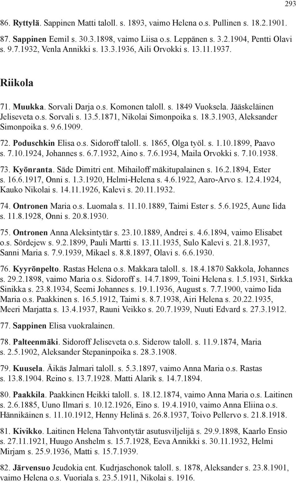 9.6.1909. 72. Poduschkin Elisa o.s. Sidoroff taloll. s. 1865, Olga työl. s. 1.10.1899, Paavo s. 7.10.1924, Johannes s. 6.7.1932, Aino s. 7.6.1934, Maila Orvokki s. 7.10.1938. 73. Kyönranta.