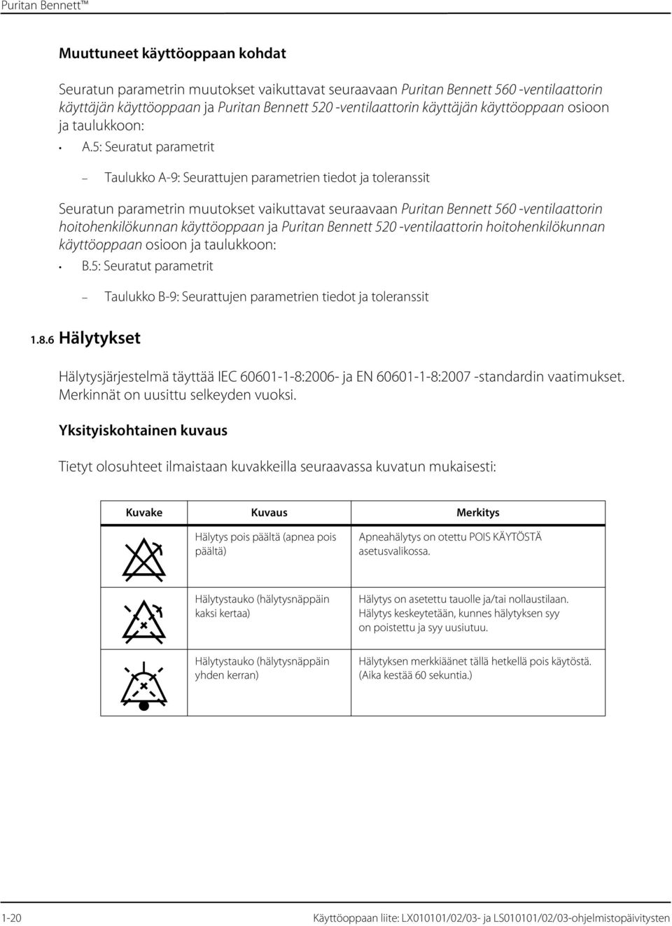 5: Seuratut parametrit Taulukko A-9: Seurattujen parametrien tiedot ja toleranssit Seuratun parametrin muutokset vaikuttavat seuraavaan Puritan Bennett 560 -ventilaattorin hoitohenkilökunnan