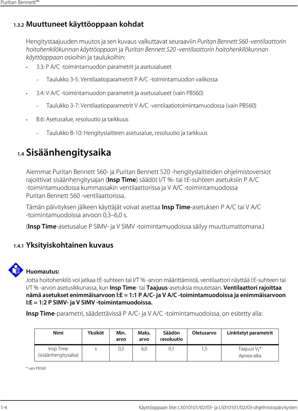 -ventilaattorin hoitohenkilökunnan käyttöoppaan osioihin ja taulukoihin: 3.3: P A/C -toimintamuodon parametrit ja asetusalueet Taulukko 3-5: Ventilaatioparametrit P A/C -toimintamuodon valikossa 3.