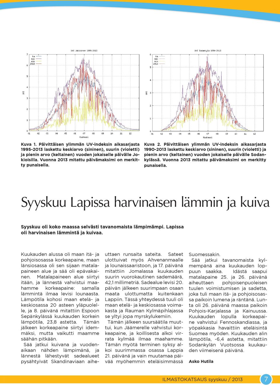 Päivittäisen ylimmän UV-indeksin aikasarjasta 199-13 laskettu keskiarvo (sininen), suurin (violetti) ja pienin arvo (keltainen) vuoden jokaiselle päivälle Sodankylässä.