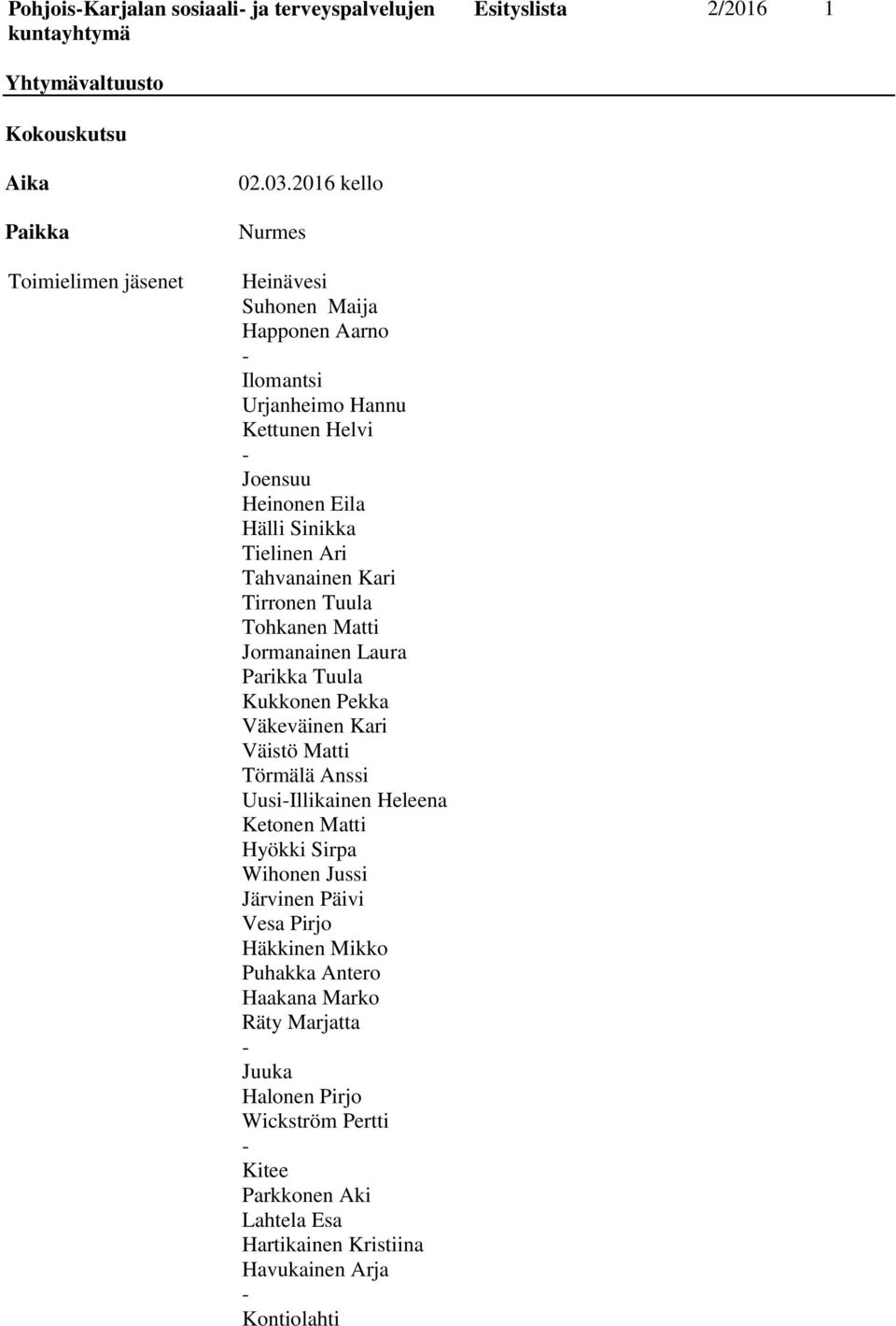 Tirronen Tuula Tohkanen Matti Jormanainen Laura Parikka Tuula Kukkonen Pekka Väkeväinen Kari Väistö Matti Törmälä Anssi UusiIllikainen Heleena Ketonen Matti Hyökki