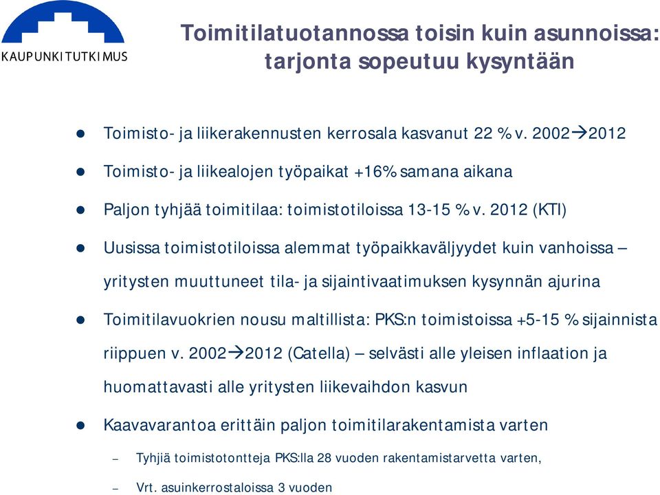 2012 (KTI) Uusissa toimistotiloissa alemmat työpaikkaväljyydet kuin vanhoissa yritysten muuttuneet tila- ja sijaintivaatimuksen kysynnän ajurina Toimitilavuokrien nousu maltillista: