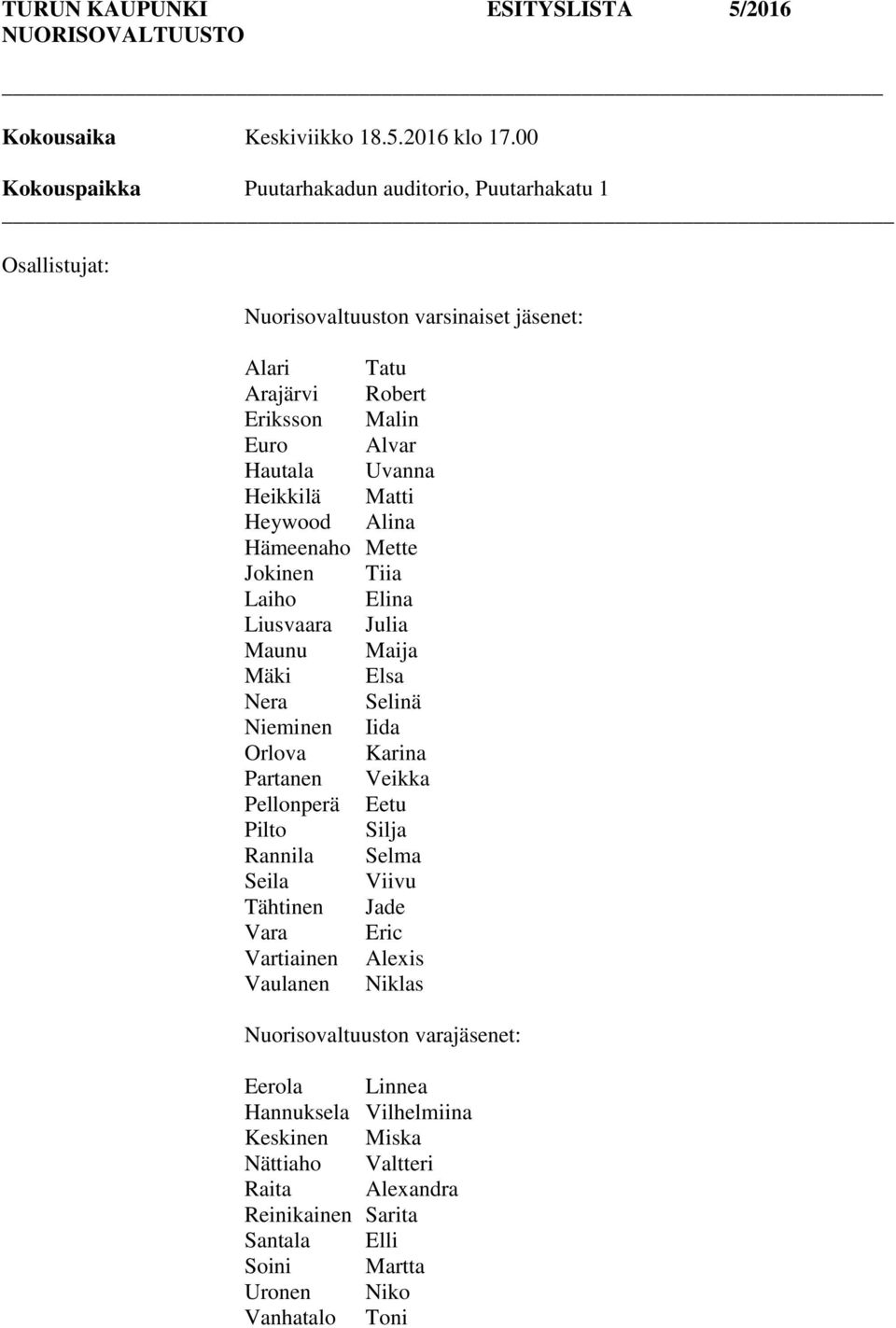 Heikkilä Matti Heywood Alina Hämeenaho Mette Jokinen Tiia Laiho Elina Liusvaara Julia Maunu Maija Mäki Elsa Nera Selinä Nieminen Iida Orlova Karina Partanen Veikka Pellonperä Eetu