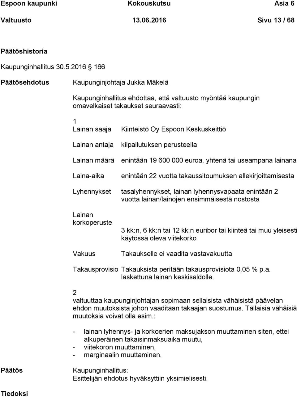 Keskuskeittiö kilpailutuksen perusteella Lainan määrä enintään 19 600 000 euroa, yhtenä tai useampana lainana Laina-aika enintään 22 vuotta takaussitoumuksen allekirjoittamisesta Lyhennykset