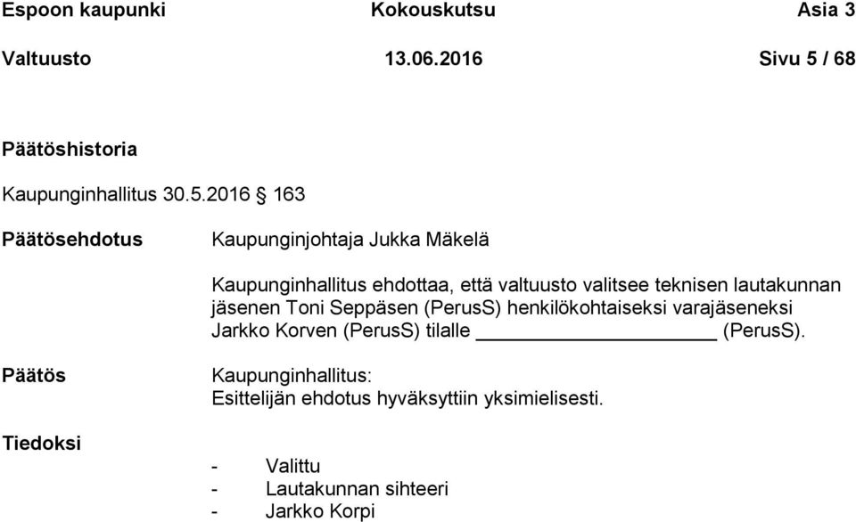 2016 163 Päätösehdotus Kaupunginjohtaja Jukka Mäkelä Kaupunginhallitus ehdottaa, että valtuusto valitsee teknisen