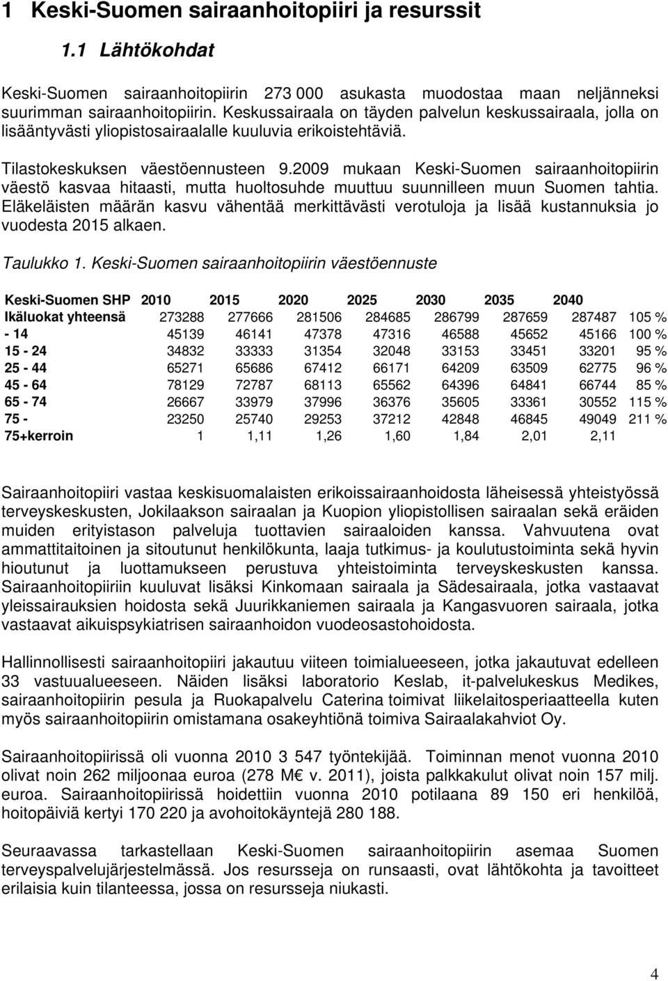 2009 mukaan Keski-Suomen sairaanhoitopiirin väestö kasvaa hitaasti, mutta huoltosuhde muuttuu suunnilleen muun Suomen tahtia.