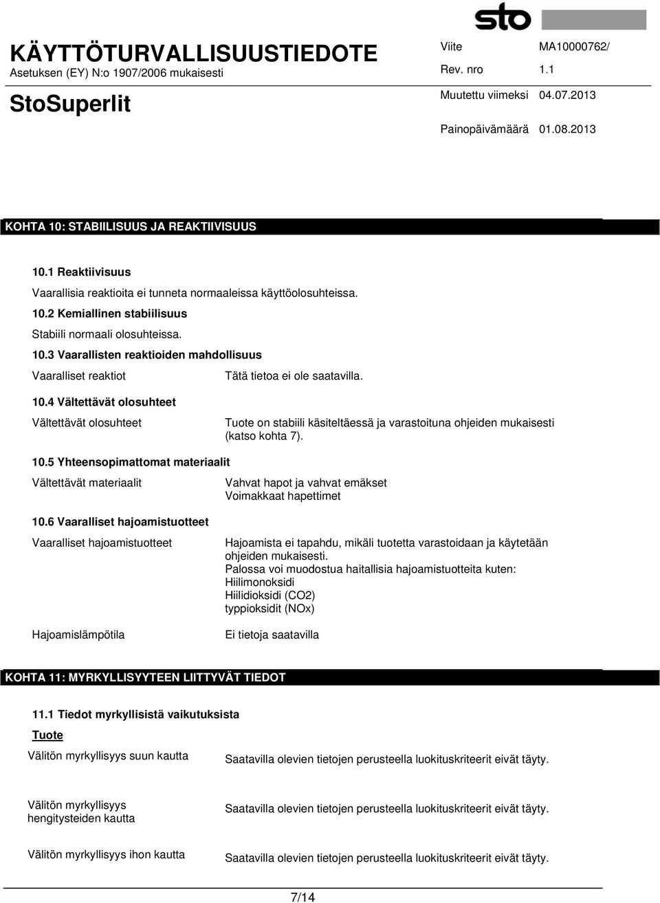 5 Yhteensopimattomat materiaalit Vältettävät materiaalit Vahvat hapot ja vahvat emäkset Voimakkaat hapettimet 10.