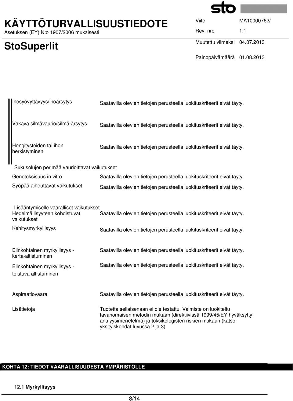 Elinkohtainen myrkyllisyys - toistuva altistuminen Aspiraatiovaara Lisätietoja Tuotetta sellaisenaan ei ole testattu.