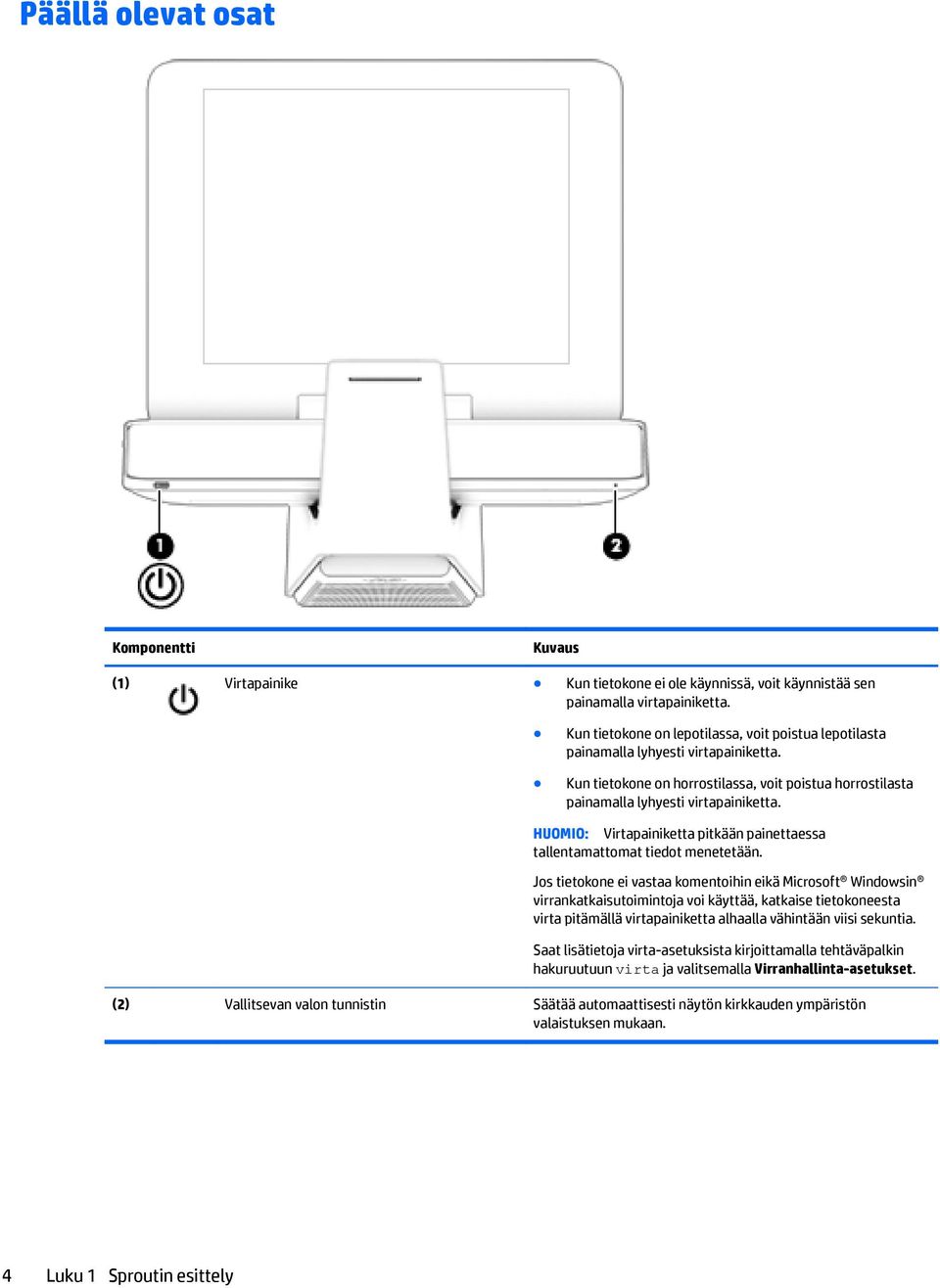 HUOMIO: Virtapainiketta pitkään painettaessa tallentamattomat tiedot menetetään.